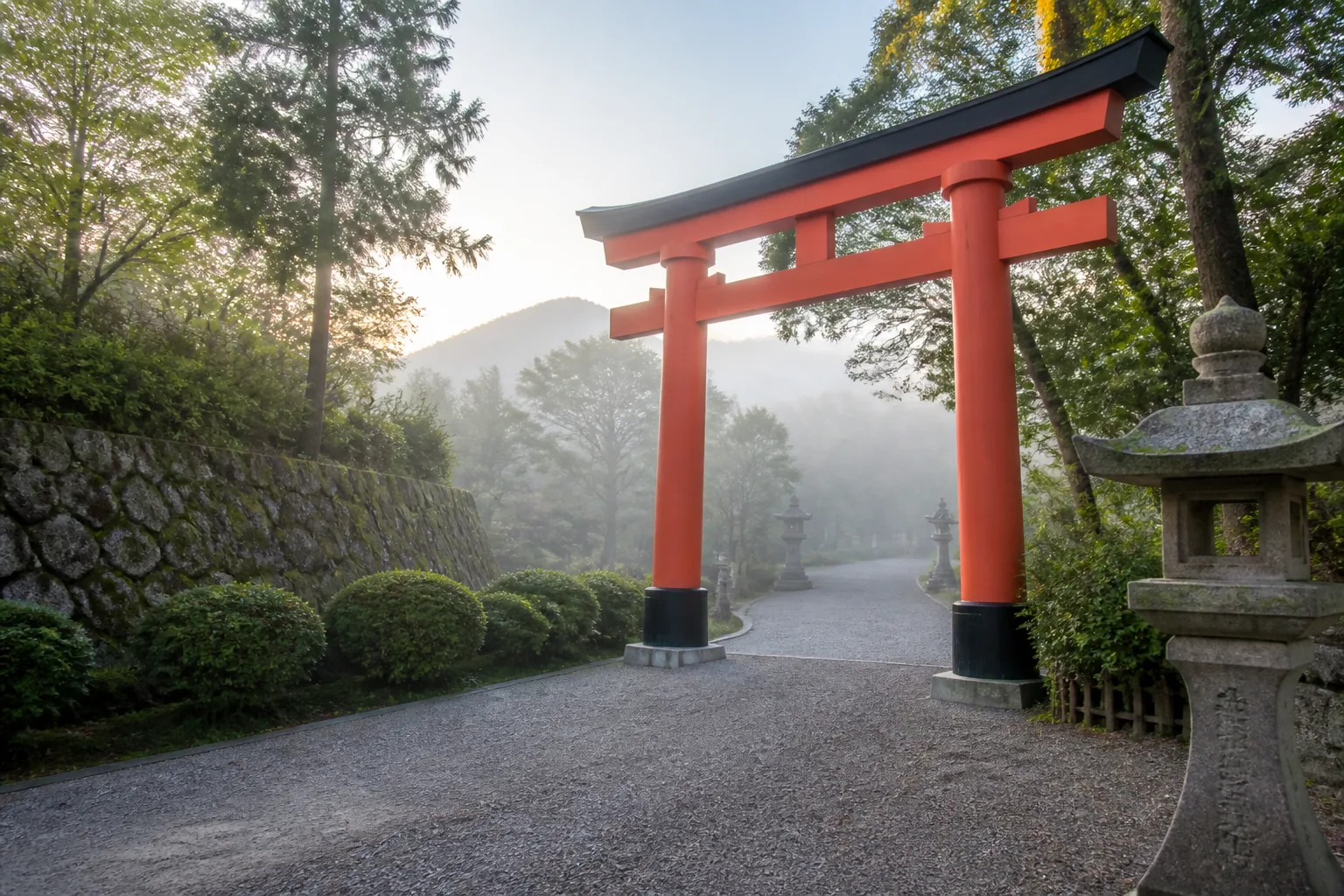 朝霧のなかの朱色の鳥居と空いた参道